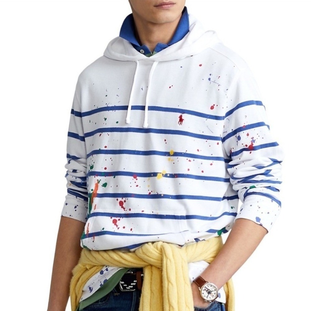 Polo Ralph Lauren Paint Splatter Striped Hoodie Sweatshirt 2XLT Over-Sized